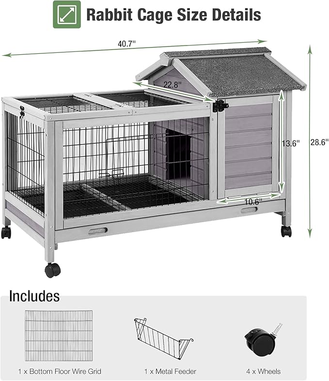 Wooden Rabbit Hutch Indoor and Outdoor, Rabbit Cage with Removable Wire Netting and Leak Proof Tray, Mobile Bunny Cage with Wheels