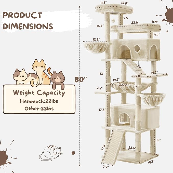 Cat Tree, 80-Inch Large Cat Tower with 9 Scratching Posts, 2 Perches, 2 Caves, 2 Basket, 2 Stairs, Extra Large Hammock, Pompoms, Multi-Level Plush Cat Condo for Indoor Cats/Beige