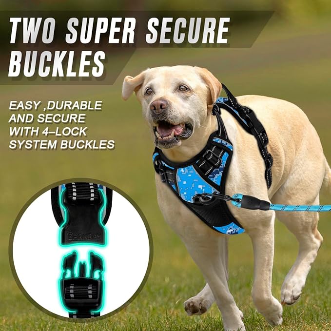 BARKBAY No Pull Dog Harness Front Clip Heavy Duty Reflective Easy Control Handle for Large Dog Walking(Blue camo,XL)