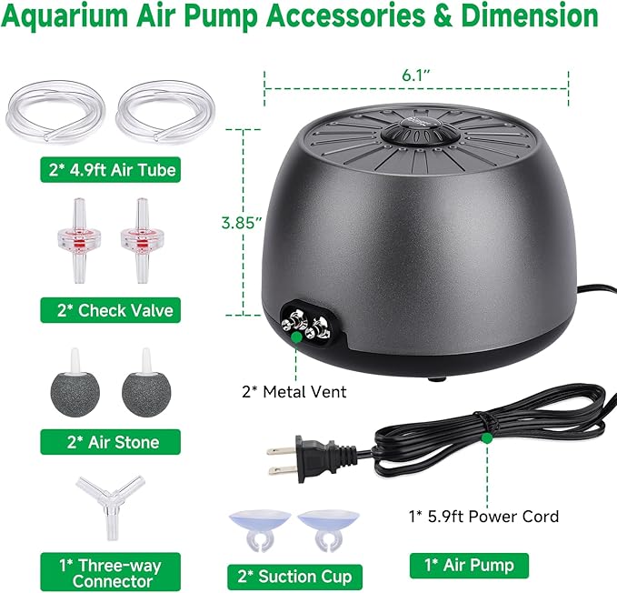 hygger Quiet Aquarium Air Pump, Adjustable Oxygen Aerator with Dual Output, 5W/8W Low Noise Air Pump with Air Stone Bubbler for Aquarium Fish Tank, Hydroponic System