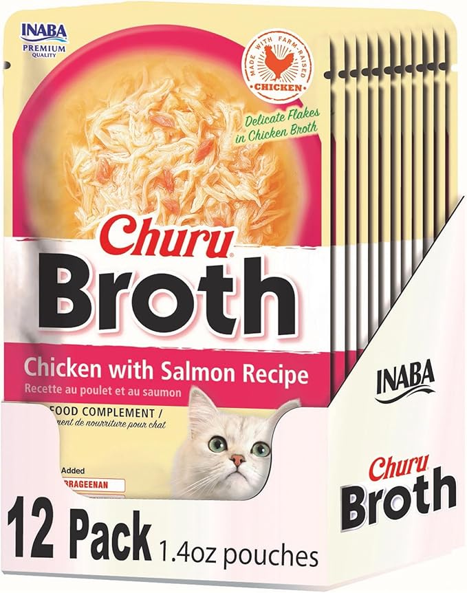 INABA Churu Broth for Cats, Side Dish Pouch, 1.4 Ounces per Pouch, 12 Pouches, Chicken with Salmon Recipe