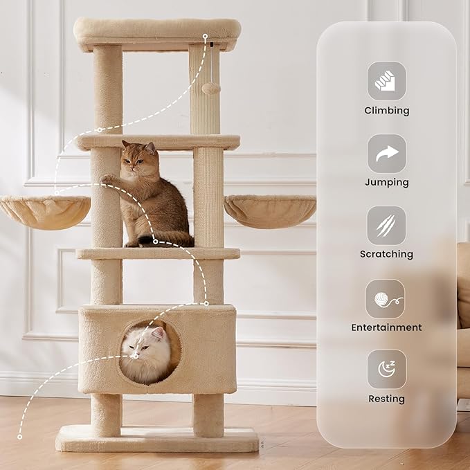 Gardner Pet 65in Heavy Duty Cat Tree Tower for Large Cats, Multi-Level Cat Furniture with Replaceable Sisal Scratching Post, Hammock | Extra-Large Platform & Condo (Upgraded Beige)