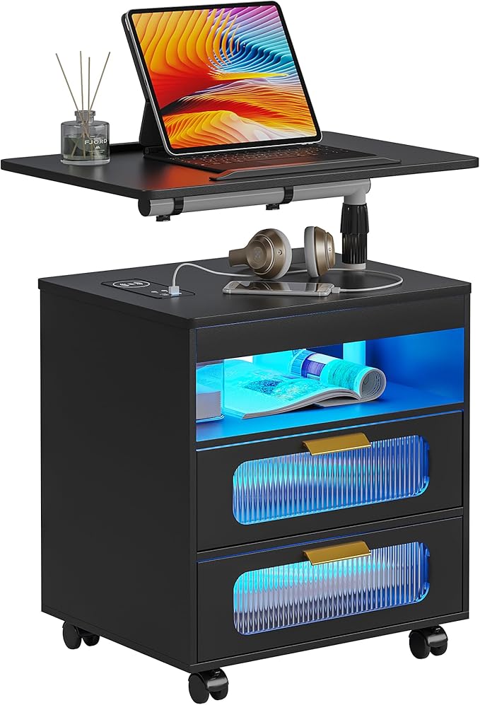 HNEBC Nightstand with Wireless Charging Station, LED Nightstand Has Adjustable Rotary Workstation,Smart Night Stand with 2 Drawers,Modern Bedside Table for Bedroom, Sensor Light/Wheel (Black)