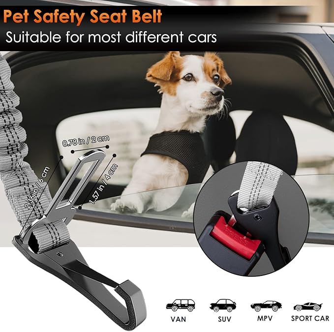 SlowTon 2 Pack Dog Seat Belt, 2 in 1 Attachment, Hook Latch Bar or Seatbelt Buckle with Elastic Nylon Bungee Buffer Adjustable Reflective Nylon Safety Belt Tether Connect to Dog Harness (2pack-GY)