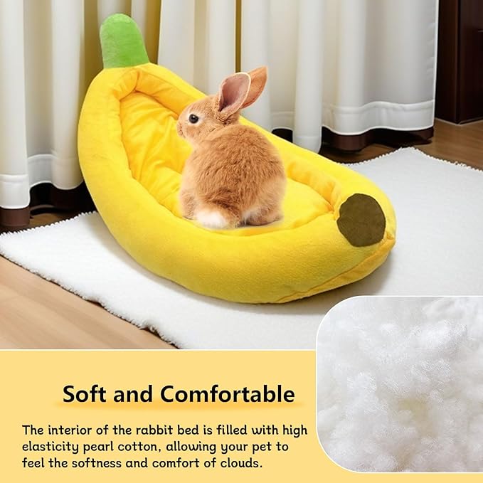 Bunny Bed,Rabbit Bed,Thick&Soft with Removable Mat,Machine Washable Guinea Pig Cushion,Cozy Bunny Plush House,Warm Small Animal Sleeping Beds(Yellow Banana Shape-M)
