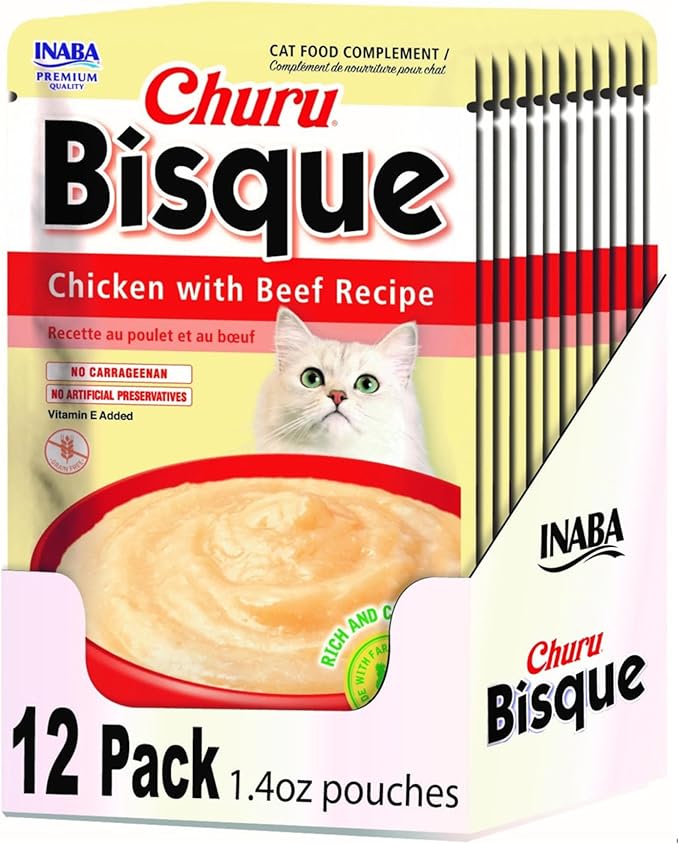 INABA Churu Bisque for Cats, Creamy Lickable Purée Side Dish with Vitamin E, 1.4 Ounces per Pouch, 12 Pouches, Chicken with Beef Recipe