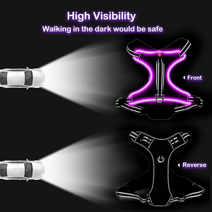 Light Up Dog Harness, No Pull LED Dog Harness with Handle, Rechargeable Lighted Safety Vest for Small Medium Large Dogs, Adjustable Soft Dog Lights for Night Walking