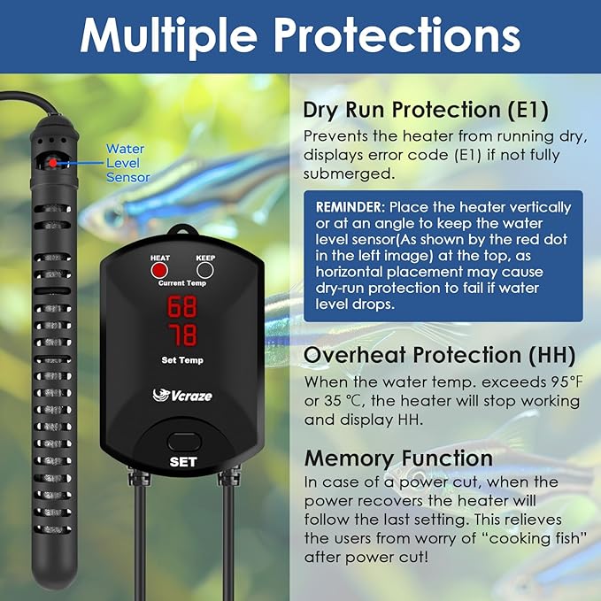 Aquarium Heater 800W Fish Tank Heater with External Thermostat (Dual Digital Display), Turtle Heater for Tanks 120-160 Gallons, Dry-Run/Overheating Protection and Memory Function