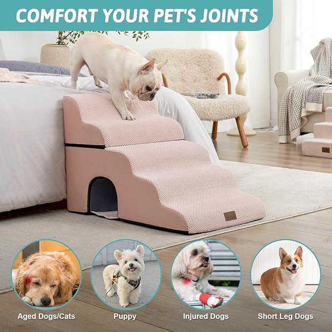 Extra Wide Dog Stairs with Tunnel, Detachable Large Pet Step for Small Medium Dog, Puppy or Cat, Ramp for High Bed, Couch, Sofa or Car, Stable, 19.7x33x22.4 inch, 5 Step, Pink