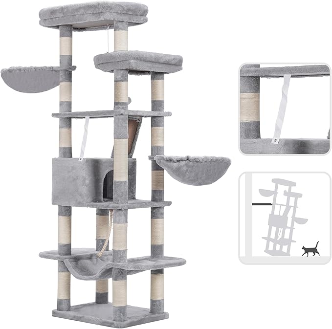 Heybly Cat Tree, 68 inch Multi-Level Cat Tower for Indoor Cats, 2 Widened Plush Perches Cat Condo with Scratching Board and Big Caves, Light Gray HCT025W