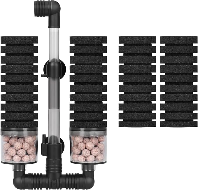AQUANEAT Aquarium Air Powered Sponge Filter with Ceramic Media Balls, for Betta Fry Shrimp Fish Tank, with 2 Spare Sponges, up to 40Gal