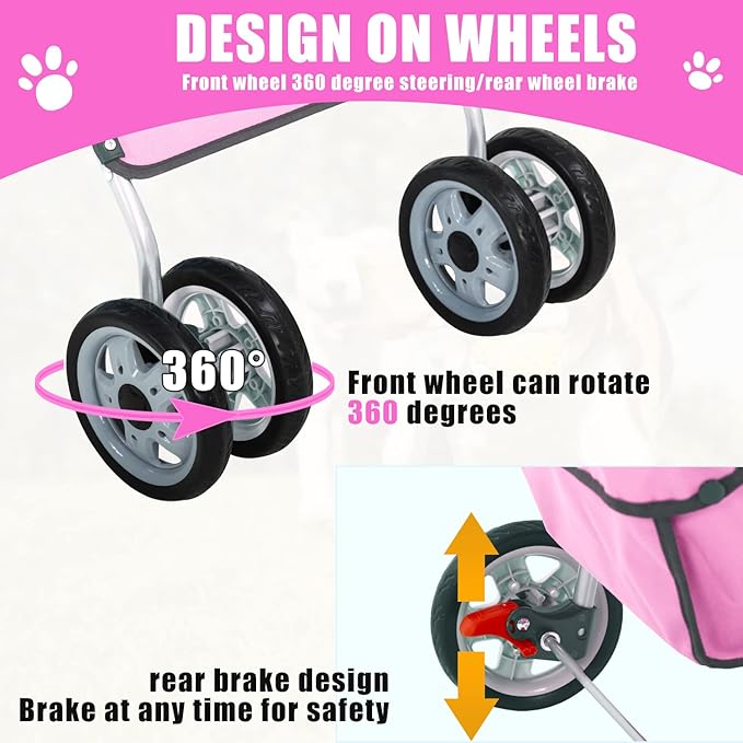 Dog Stroller, Folding 4 Wheels Pet Stroller for Small Medium Dog Cat Travel Carrier with Weather Cover Storage Basket Cup Holders Pink