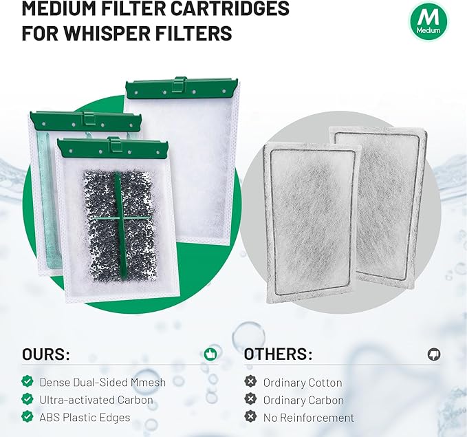 8 Count Medium Filter Cartridges Compatible with Whisper Bio Bag Filters, Large Aquarium Filter Cartridge for Whisper 10i/IQ10/PF10 and Repto Filter 90 GPH