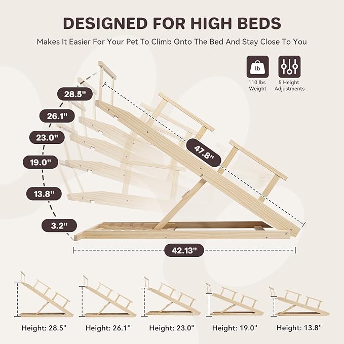 Dog Ramp for Bed PANTAZO Adjustable Ramps for Small Dogs to Get on Bed, Up to 28.5 Inches, 48'' Long,120lbs with Anti-Slip Grip & Safety Rail