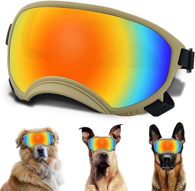 Large Dog Sunglasses with Adjustable Strap UV Protection, Winproof Puppy Sunglasses, Suitable for Medium-Large Pet Glasses, Dogs Eyes Soft Goggles, Khaki Colours