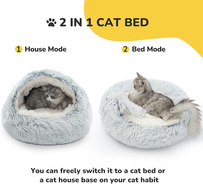 CATISM Cozy Plush Hooded Cat Bed, Indoor/Outdoor, Self-Warming Cave, Removable Washable Non-Slip Bottom
