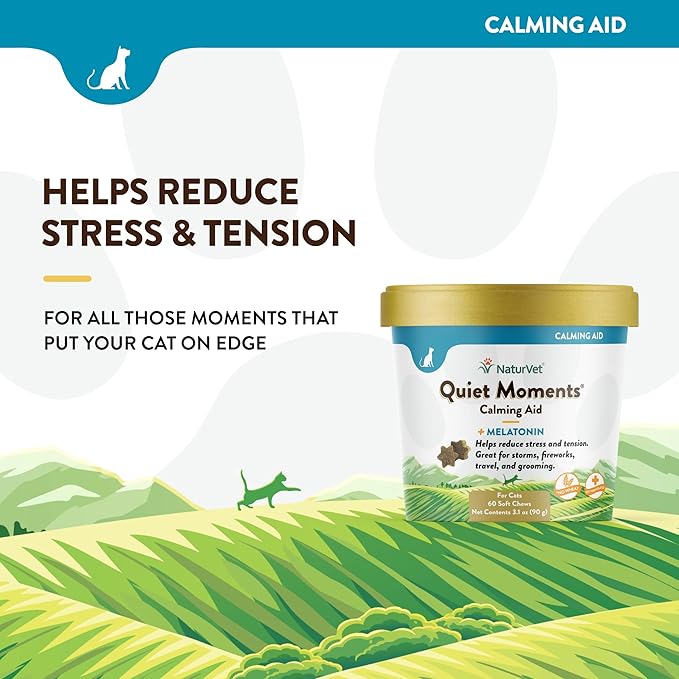 NaturVet –Quiet Moments Calming Aid for Cats Plus Melatonin – 60 Soft Chews – Helps Reduce Stress & Promote Relaxation – Great for Storms, Fireworks, Travel & Grooming