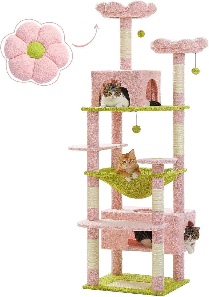 PAWZ Road Flower Cat Tree, 72 Inches Large Cat Tower with Steel Frame Hammock and 7 Scratching Posts, Tall Cat Tree with 2 Condos and Perches for Large Indoor Cats - Pink