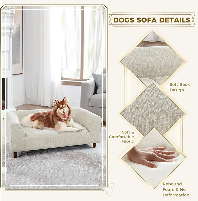 Dog Sofa Couch for Medium to Large Dogs, Memory Foam Dog Sofa Bed, Modern Elevated Pet Couch Bed with Wooden Legs for Medium and Large Dogs, Dark Beige