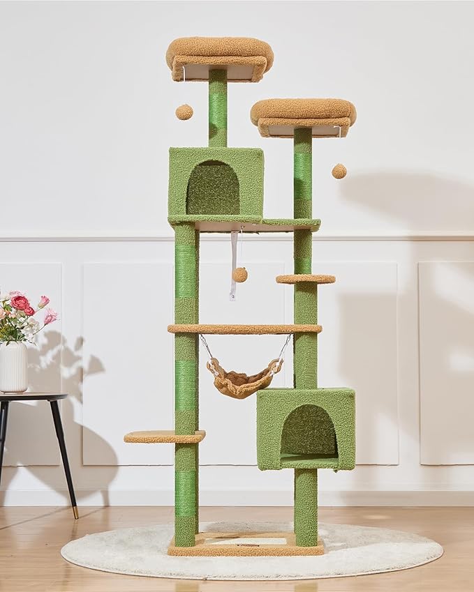Taoqimiao Cat Tree, 68-Inch Cat Tree Cat Tower for Indoor Cats, Plush Multi-Level Cat Condo with 6 Scratching Posts, 2 Perches, 2 Caves,Hammock, 3 Pompoms,MS020ST Cactus