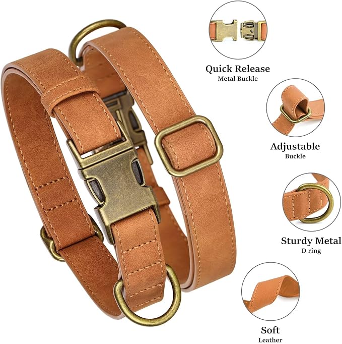 Didog Soft PU Leather Dog Collar, Stylish Quick Released Dog Collars for Medium Dogs, Easy Clean Adjustable Pet Collar for Daily Walking, Light Brown, M Fit 13-21" Neck