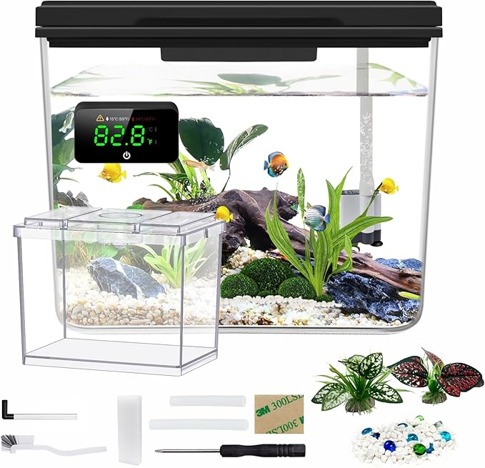 Small Fish Tank Kit, 1.8-Gal Aquarium Kit with Digital Thermometer and Temporary Tank, Self-Cleaning & 18 LED Lights, Lightweight & Shatter-Resistant Betta Fish Tank (Black)