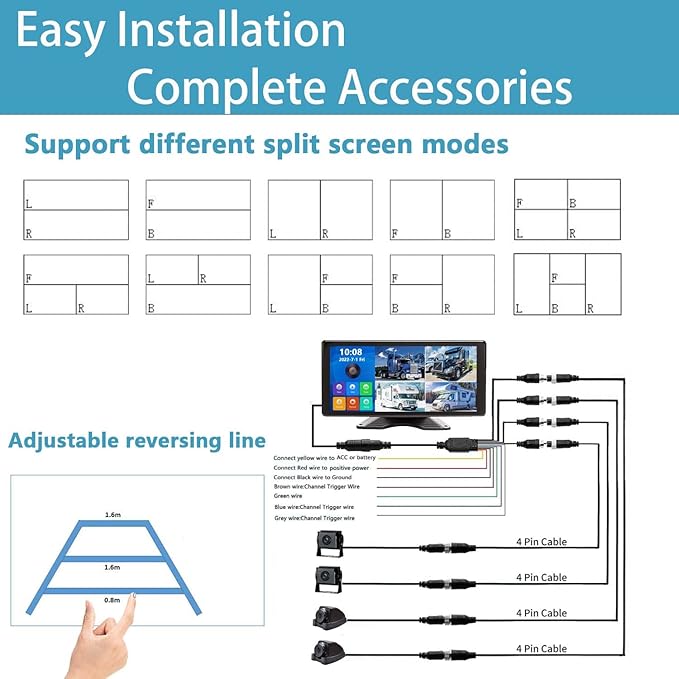Skid Steer Touchable Screen 128GB Large Audio 1080P 2 Split Image 11 Inch Monitor Backup Camera Built-in DVR Video for RV Truck Trailer Rear Front Reversing Wired Waterproof System D102
