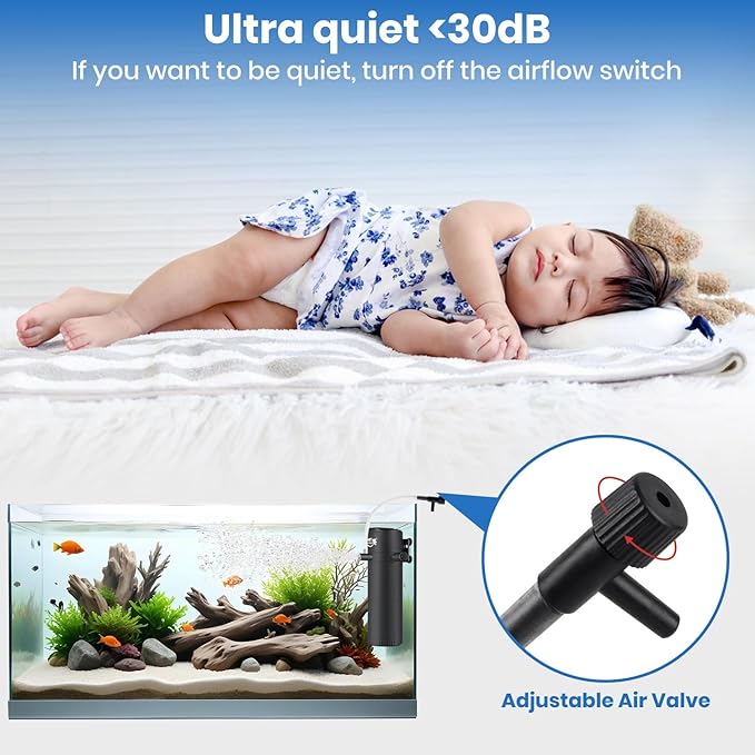 Aquarium Filter for 15-40 Gallon Tank, Submersible Fish Tank Filters with Wave-Maker Oxygenation Circulation, Adjustable Air Flow Filter for Freshwater & Saltwater (8W)