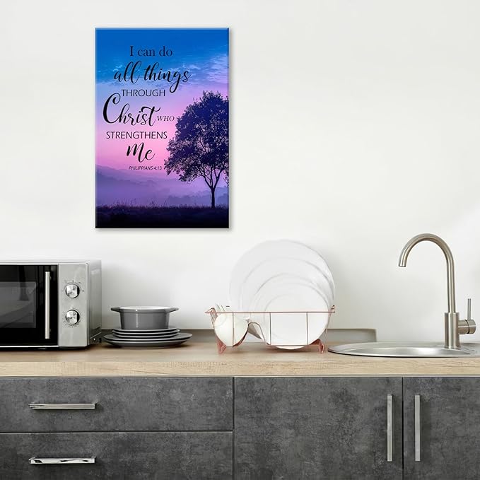 Christian Tree Wall Art I Can Do All Things Canvas Wall Decor Prints Framed Painting Purple Pictures Gifts Artwork for Bathroom Bedroom 16"x24"