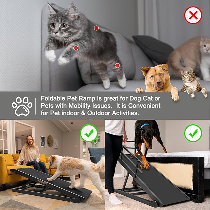 ABORON Folding Pet Ramp, 5-Level Adjustable Dog Ramp for Bed, Couch, SUV - High Traction Rubber Surface, Supports up to 200 lbs, 45.2" Long - Ideal for Small & Large Dogs & Cats,Black Finish