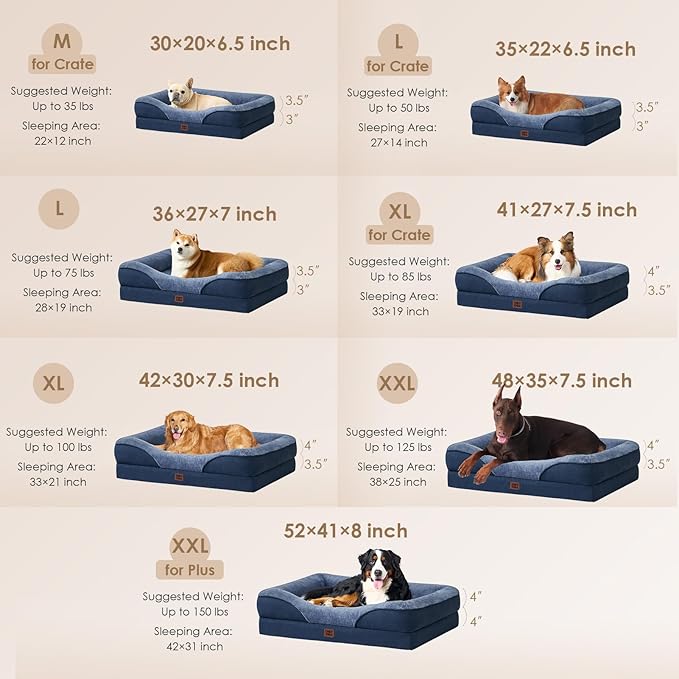 EHEYCIGA Memory Foam XL Dog Bed for XLarge Sized, Extra Large Orthopedic Dog Sofa with Sides and Waterproof Liner, Washable Bolster Pet Couch with Removable Cover, 42x30x7.5 Inch, Navy