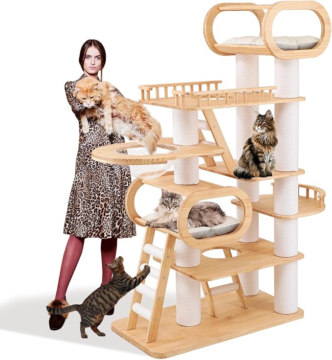 76.8'' Tall Modern Large Cat Tree,Multi-Level Wood Cat Tower for Indoor Cats Large Adults,Luxury Heavy Duty Cat Condo with Cushion,Scratching Posts,Clear Hammock Activity (76.8inch)