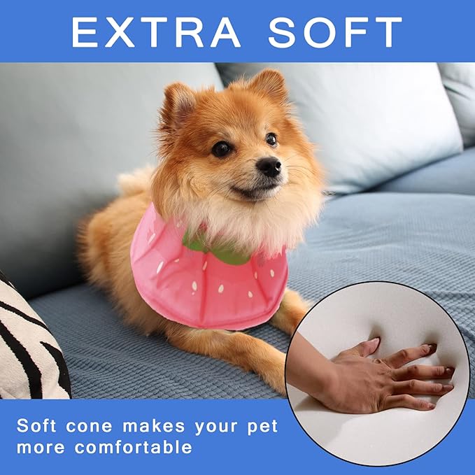 Soft Dog Cone, Lightweight Elizabethan Collar for Dogs, Adjustable Soft Cones for Dogs/Cats to Stop Licking After Surgery, Cute Strawberry Cone of Shame Alternatives for Pets(Medium)
