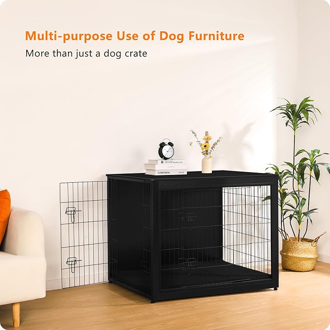 DWANTON Dog Crate Furniture with Cushion, Wooden Kennel Table with Double Doors, Indoor Dog House, Extra Large Size, 43.3" L, Black