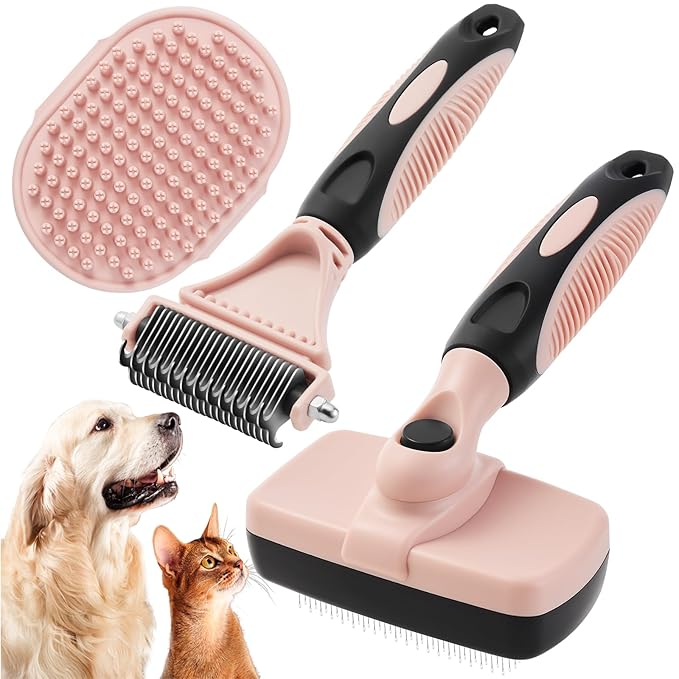 3PCS Cat & Dog Brush Set: Slicker & Deshedding Brush, Dematting Comb, and Bath Brush – Premium Grooming Tools for Shedding & Tangle-Free Fur (pink)