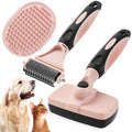 3PCS Cat & Dog Brush Set: Slicker & Deshedding Brush, Dematting Comb, and Bath Brush – Premium Grooming Tools for Shedding & Tangle-Free Fur (pink)