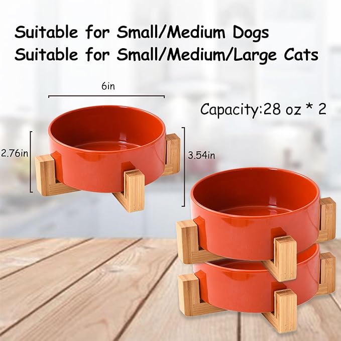 Petygooing Ceramic Dog Cat Bowl Set with Stand - Medium Dog Bowls, Anti-Slip Set of 2 - 28 OZ /3.6 Cups - Rust Red