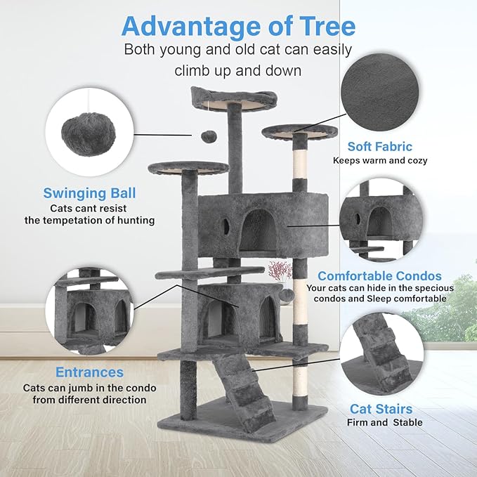 FDW Cat Tree 54in Cat Tower Multi-Level Durable Cat Scratching Post & Cozy Fun Cat Jumping Platform Space Saving Cat Condo Pet Play House for Indoor Cats,Light Gray