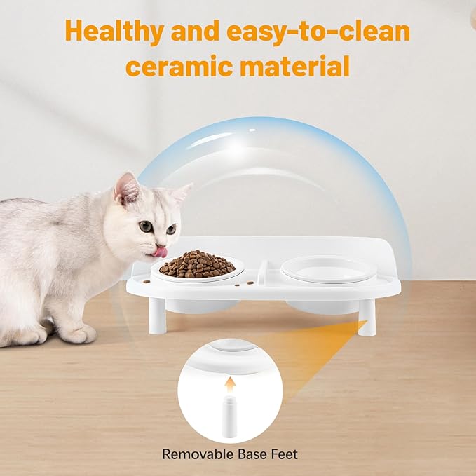 Elevated Cat Bowls, Tilted Rised Cat Food and Water Bowl with 2 Pcs Ceramic Pet Bowls, Rised Stand, Pet Dish Anti Vomiting Feeding Station for All Sized Cats & Small Dogs (White)