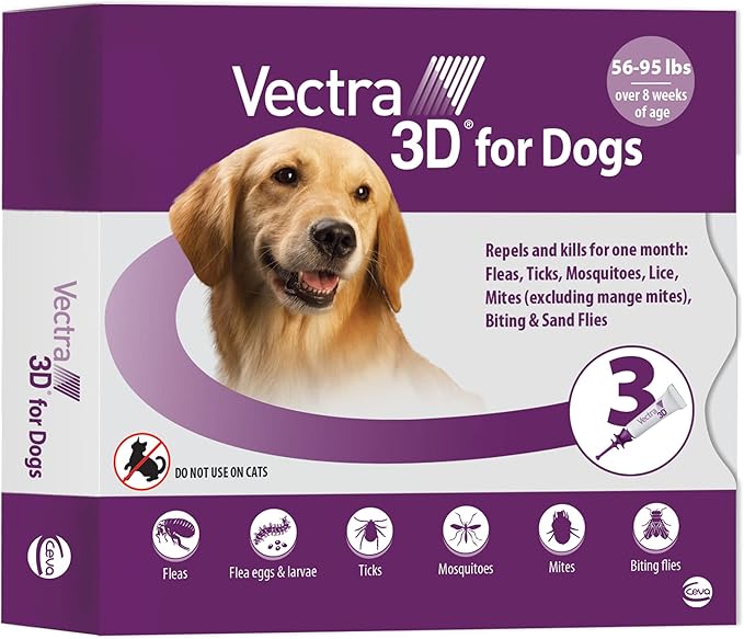 Vectra 3D for Dogs Flea, Tick & Mosquito Treatment & Prevention for Large Dogs (56 to 95 lbs) , 3 month supply