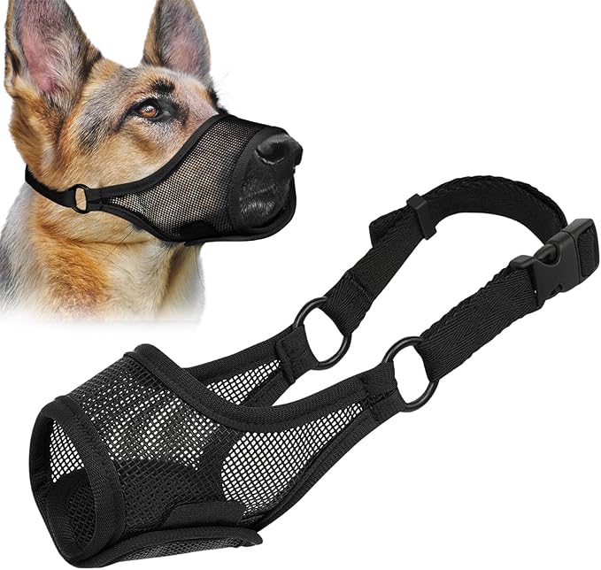 LUCKYPAW Dog Muzzle, Mesh Muzzle for Large Medium Small Dogs, Soft Mouth Guard for Biting Chewing, Breathable Mouth Cover with Adjustable Hook and Loop for Training, Grooming(Black, XS)