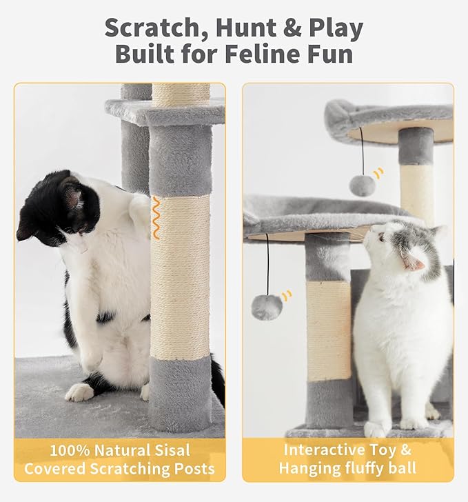 Made4Pets Tall Cat Tree, 80" Cat Tree Tower for Indoor Cats Large Adult, Modern Cat Tower with Scratching Post, Cozy Hammock, 3 Perches and 2 Condos, Sturdy and Fluffy, Light Gray
