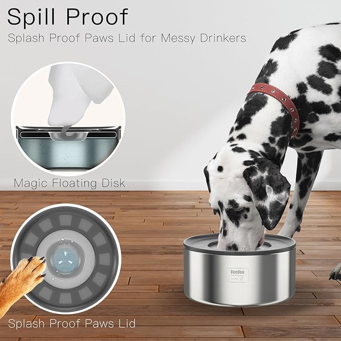 2L No Spill Water Bowl for Dogs, Double-Wall Stainless Steel with Splash-Proof Paws Lid and Floating Disk, Non-Slip Base, Easy to Clean Slow Water Feeder for Small Medium Dogs