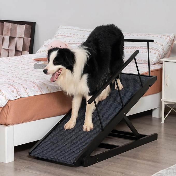 Dog Ramp for Bed, Pet Steps Stairs for Small and Large Dog Portable for Bed, Couch, Car, Height Adjustable, Anti-Slip Traction Mat, Support up to 210 lbs (Black, LENTH-55.1IN)