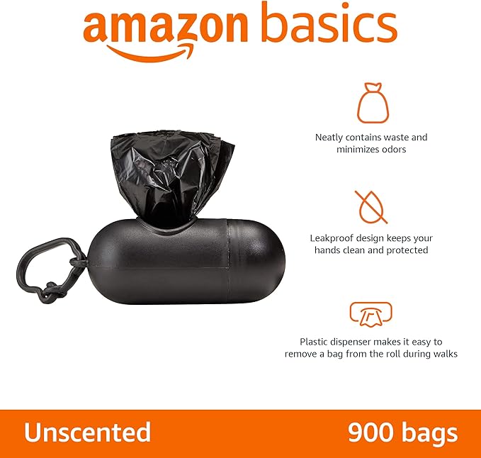Amazon Basics Dog Poop Bags with Dispenser, 900 Count, Enhanced for Guaranteed Leakproof, Unscented, Includes Leash Clip