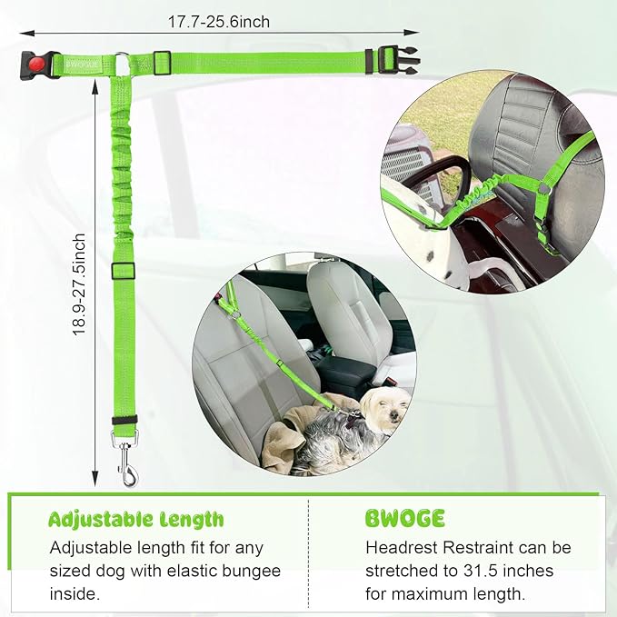 BWOGUE Pet Dog Cat Seat Belt Reflective Car Dog Headrest Restraint Leash Elastic Buffer Bungee Adjustable Tangle-Free Safety Leads Vehicle Seatbelt Harness for Small, Medium and Large Dogs (1 Pack)