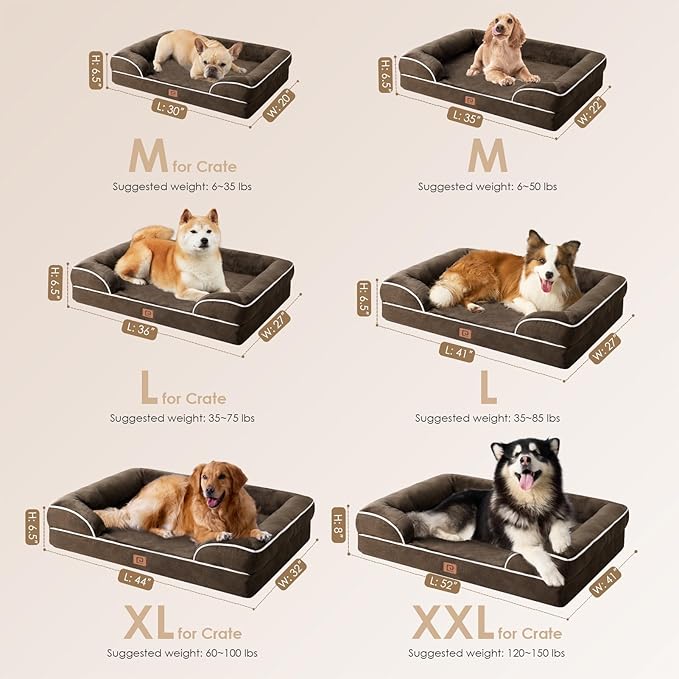 EHEYCIGA Orthopedic Dog Bed for Medium Dogs, Waterproof Memory Foam Medium Dog Beds with Sides, Non-Slip Bottom and Egg-Crate Foam Pet Couch Bed with Washable Removable Cover, Brown