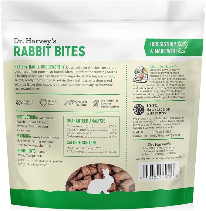 Dr. Harvey's Rabbit Bites Freeze-Dried Raw Dog Treats, Single Ingredient, All-Natural Rabbit Meat Protein for Dogs, Allergen-Free, 7 Ounces (1 Pack)