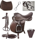 Leather English Riding Horse Saddle Starter Kit Brown Saddle Combo Pack Set of 7 pcs