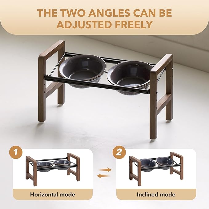 6.3inch Ceramic Adjustable Raised Double Bowls Set with Stand, 3 Heights Elevated, 2 Placement Options,Food and Water Bowls for Adult Cat Small and Medium Dog(Reactived Glaze -Grey)